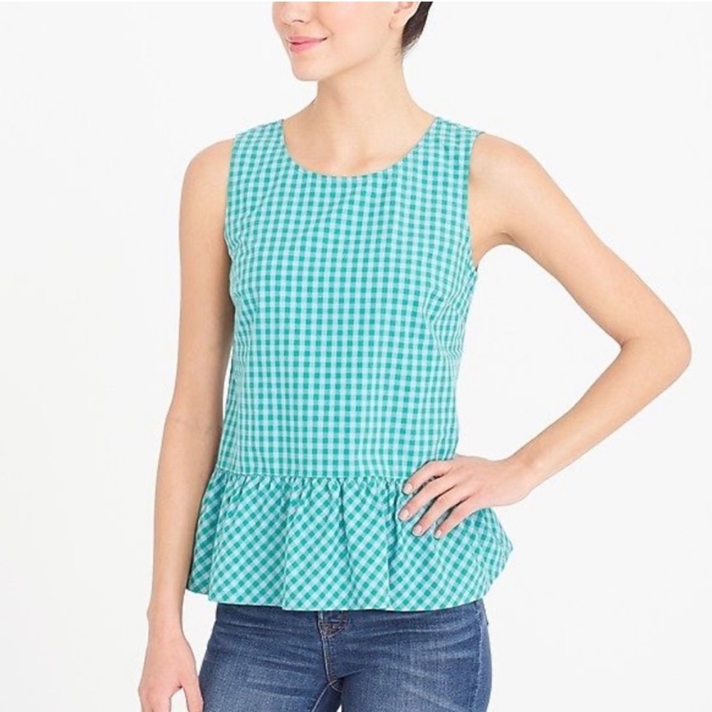 J. Crew Preppy Coastal Blue Green Gingham Bow Back Peplum Tank Top